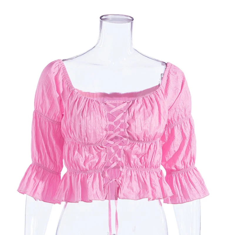 

2021 Summer Pleated Lace Up Women's Blouse Puff Half Sleeve Female Short Blouses Off The Shoulder Fashion Streetwear Ladies Top