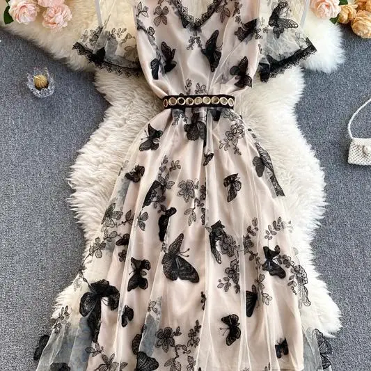 

Women's Elegant V Neck Butterfly Mesh Long Dress Ladies Summer High Street Short Sleeve Midi Dress Ladies Party Vestidos 2021