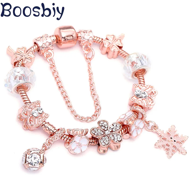 Boosbiy 925, модные подвески серебряного цвета, браслеты для женщин, хрустальные цветочные бусины, подходят для тонких браслетов, DIY ювелирные изделия