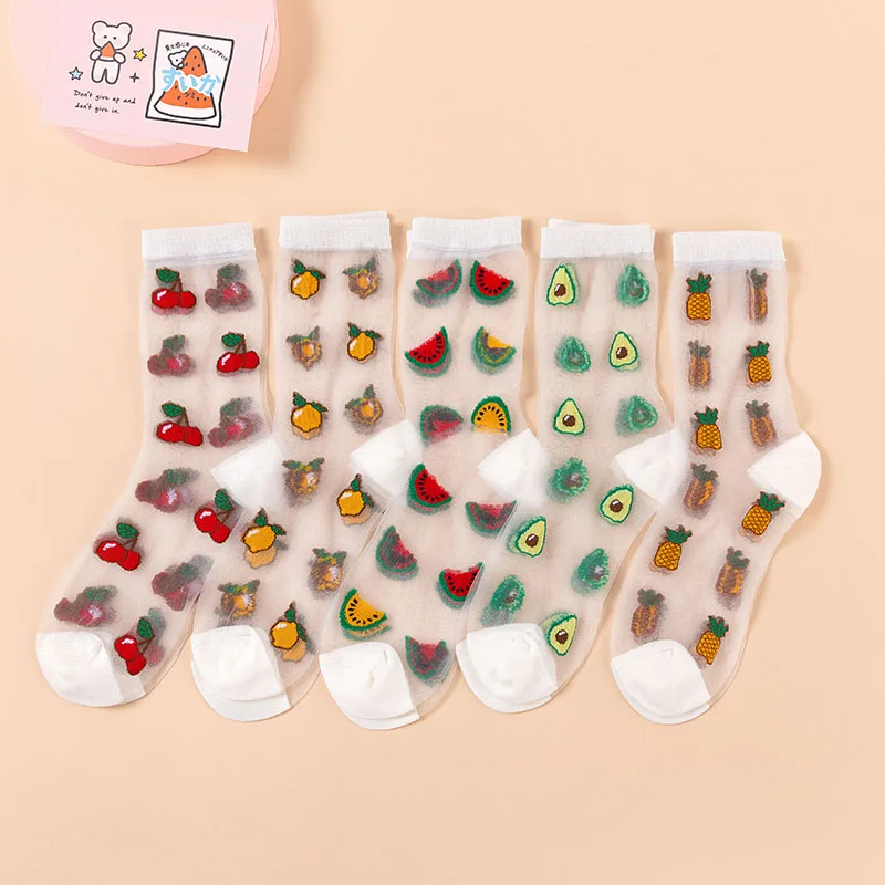 

Style Thin Transparent Funny Socks Women Fruit Avocado Watermelon Pineapple Creative Design Glass Skarpety Lace Sokken