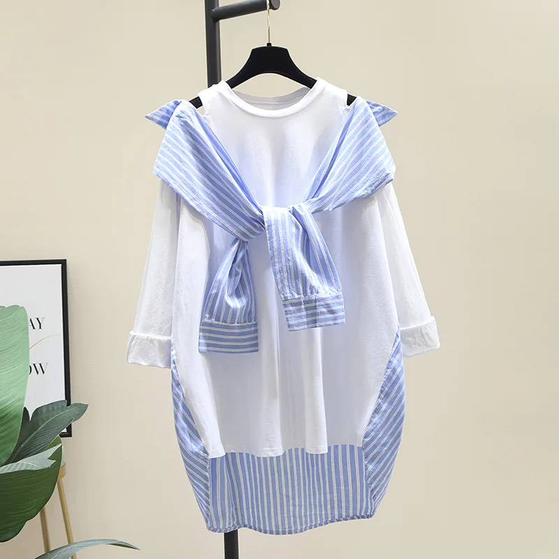 

SuperAen Fake Two Blue Striped O Neck Shirts Women's 2021 Autumn New Splicing Off Shoulder Loose T-shirt Full Top
