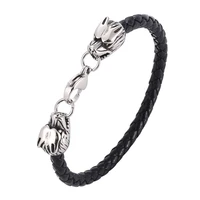 double wolf head charm bracelet for men genuine leather braided bangles stainless steel classic male wristband jewelry sp1093