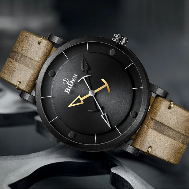 

BIDEN Unique Men's Quartz Movement Watch Black or White Dial with Creative Pointer Design Leather Strap High-End Men Gifts Clock