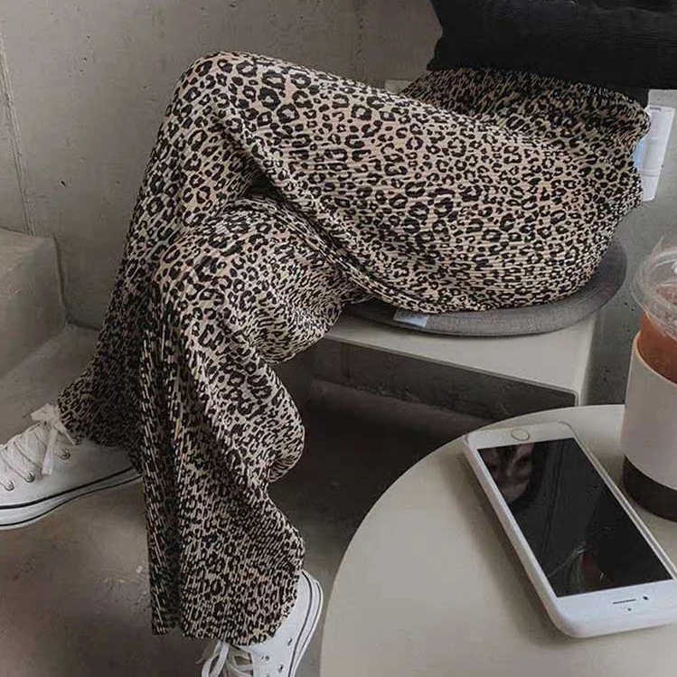 

2021 Summer Women Fashion Leopard Print Pants Female New Casual All Match Chiffon Wide Leg Elastic Waist Full Length Pants Indie