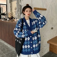 geometric cardigan sweater womens fallwinter 2021 new loose japanese lazy hong kong style knitted jacket