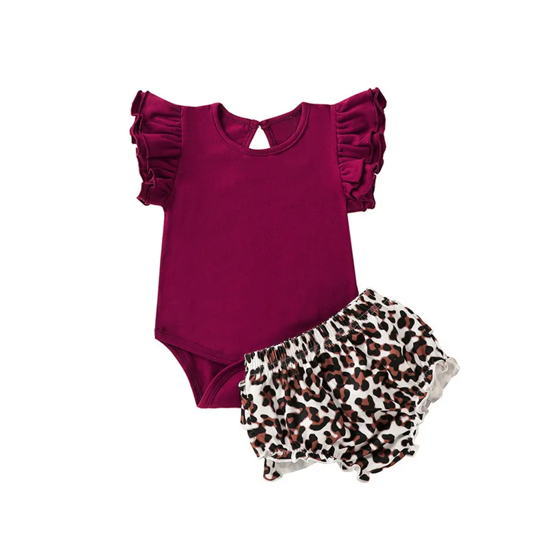 

Summer Newborn Baby Girl Clothes Ruffles Short Sleeve Romper Tops Leopard Print Short Pants 2Pcs Baby Outfits Clothes Set