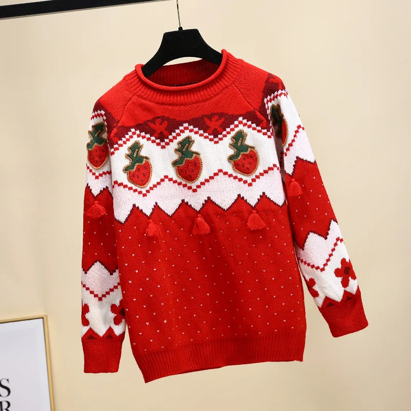 

Fannic 2020 Winter Strawberry Appliques Sweet Style Knitted Long Sleeve Round Neck Red Sweater for Women