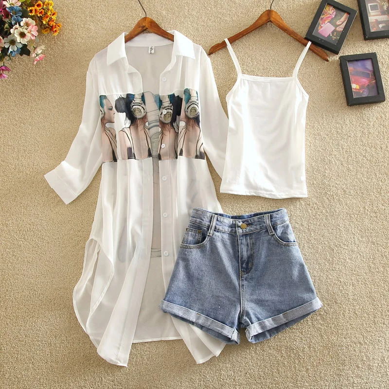 

summer new women sets three pieces women sets printed blouse and wide leg denim shorts lady casual shorts suits top quality
