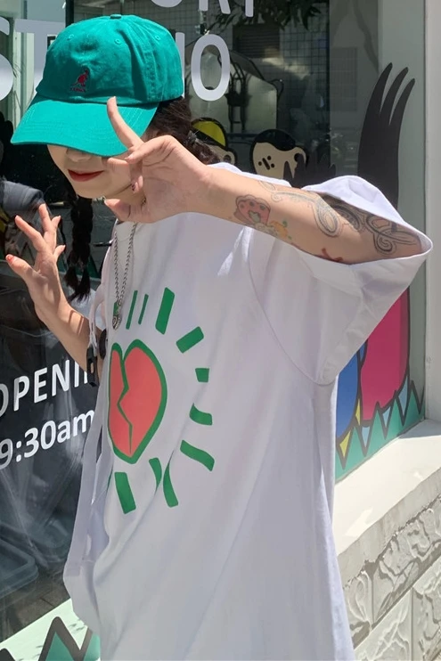 

Student t-shirt female 2021 summer new Korean version ins yuan Sufeng love print round neck loose short sleeve top