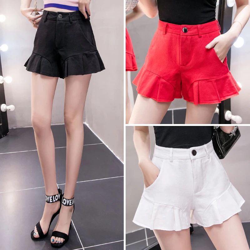 

Summer Shorts High Waist Ladies Ruffle Pocket Zipper Button Popular Design Fashion Plus Size Shorts Black Wide Leg Hotpants