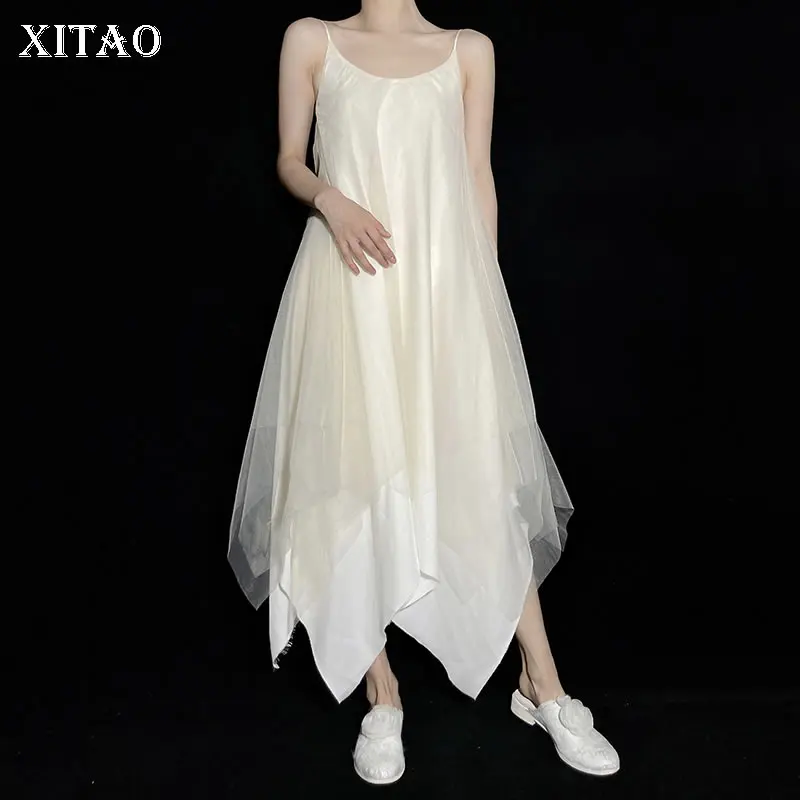 

XITAO Solid Color Mesh Sling Dress Irregular Multi Layer Splicing Summer New Fashion Loose Trendy Temperament Women WMD1488