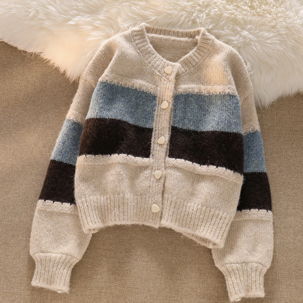 Patchwork  Striped Knit Cardigan Sweater Coat Women 2021 Causal Simple Solf Knitted Button Jacket Sweater Outerwear Top Jumpers