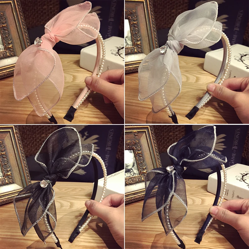 

Lace Crystal Pearl Bow Hairbands Women Girls Sweet Rabbit Ear Knotted Pearls Headbands Trendy Multi-layer Thin Hair Hoop