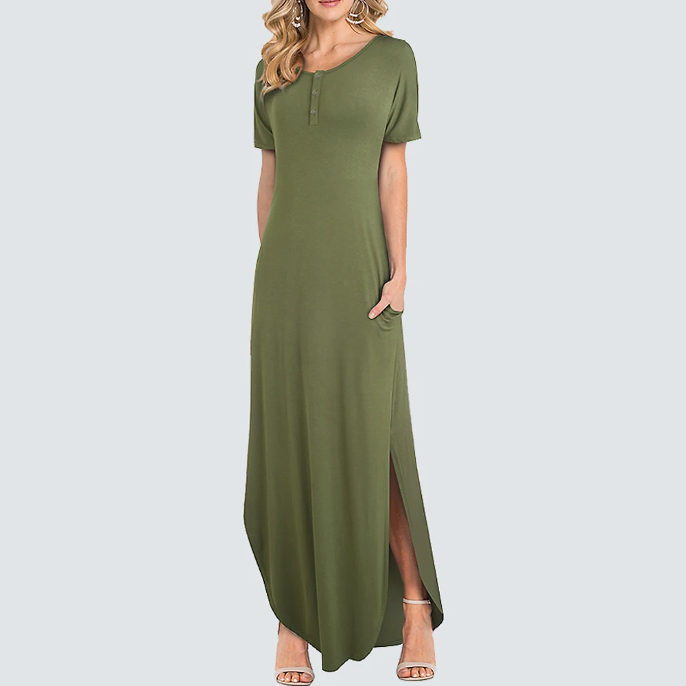 Платье женское длинное однотонное с круглым вырезом шикарное повседневное