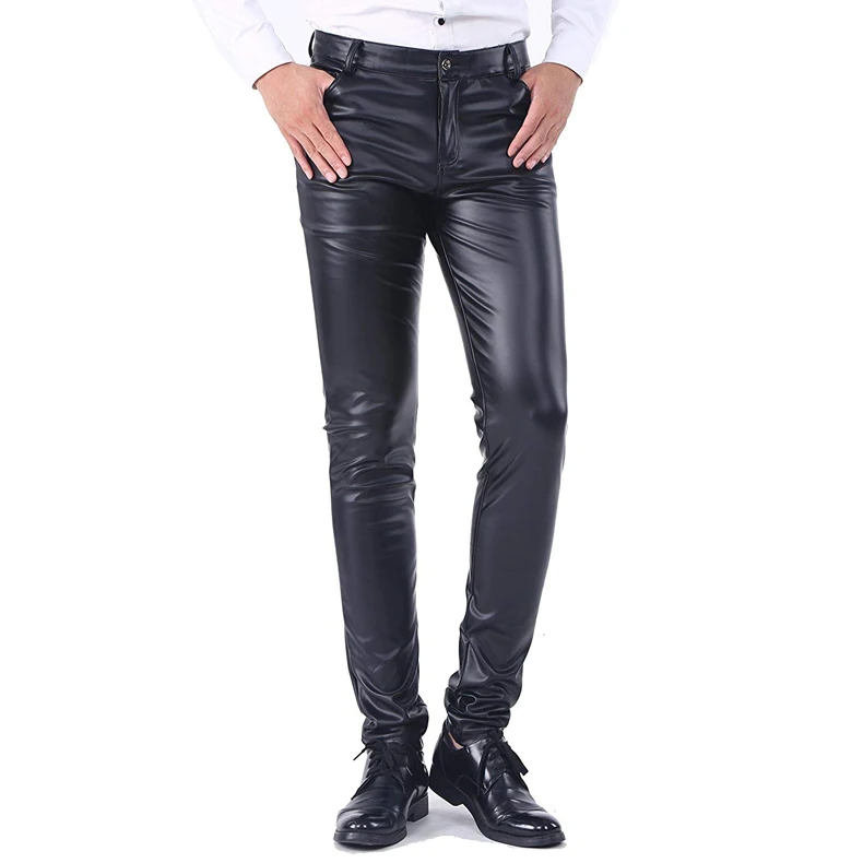 

Winter suede lining black faux PU leather slim fit pants for men