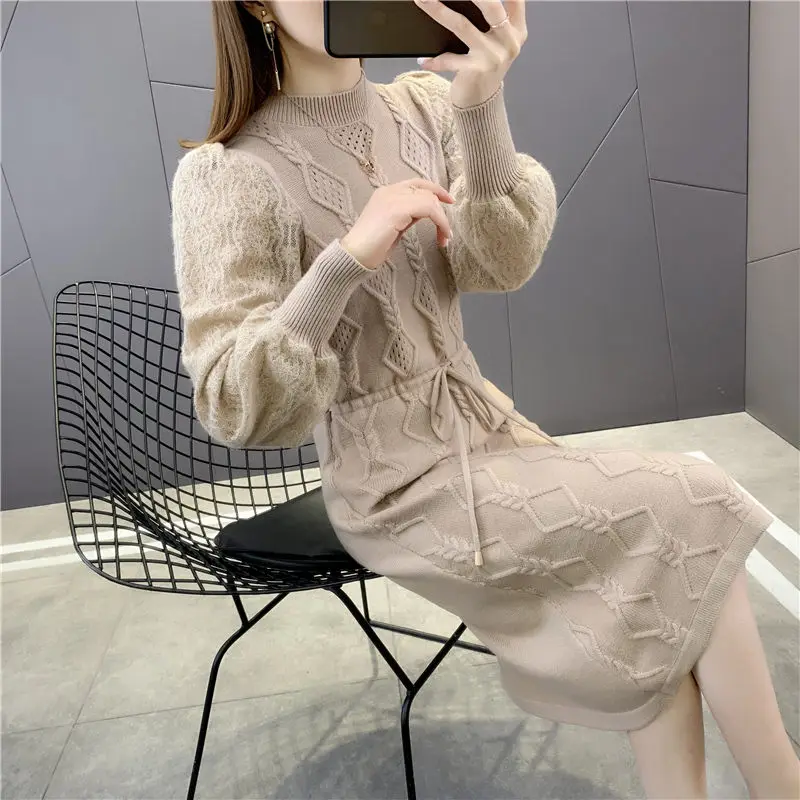 

Женское длинное платье-свитер, Элегантное трикотажное платье с длинным рукавом и кружевом, весна-осень 2021