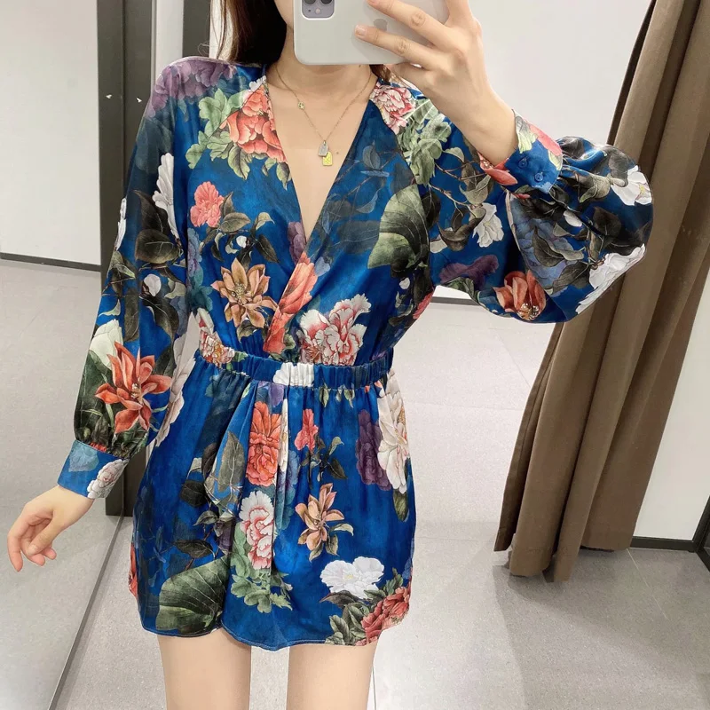 

Za Floral Print Jumpsuit Women 2020 Fall V Neck Long Sleeve Vintage Short Jumpsuit Elastic Waist Elegant Woman Jumpsuits