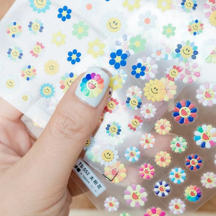 5D Nail Art Decoration Stickers For Smiley Face Colored Flowers Three-dimensional Relief New Craft 3D Nail Decals Design