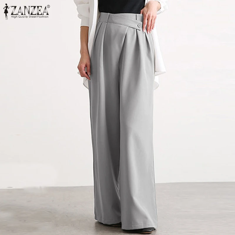 

Oversized Women's Casual Trousers ZANZEA Stylish Wide Leg Pants Casual Elastic Wasit OL Pantalon Palazzo Female Solid Turnip