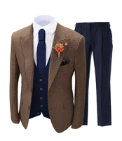 brown formal mens suits regular fit plaid wool tweed prom tuxedos 3 piece solid suit best man for wedding blazervestpants