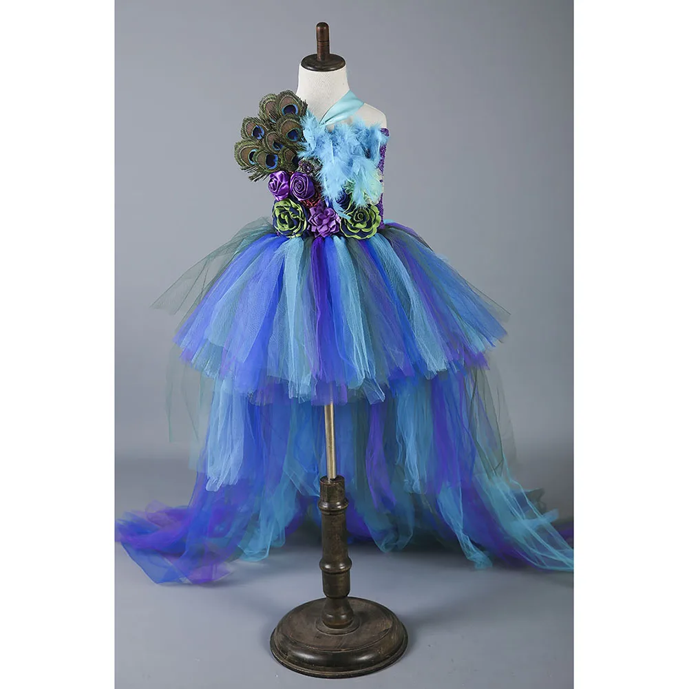 Elegant Princess Peacock Feather Dress for Girls Tutu Dress Long Tail Girls Party Dress Kids Flower Christmas Dress Girl Clothes