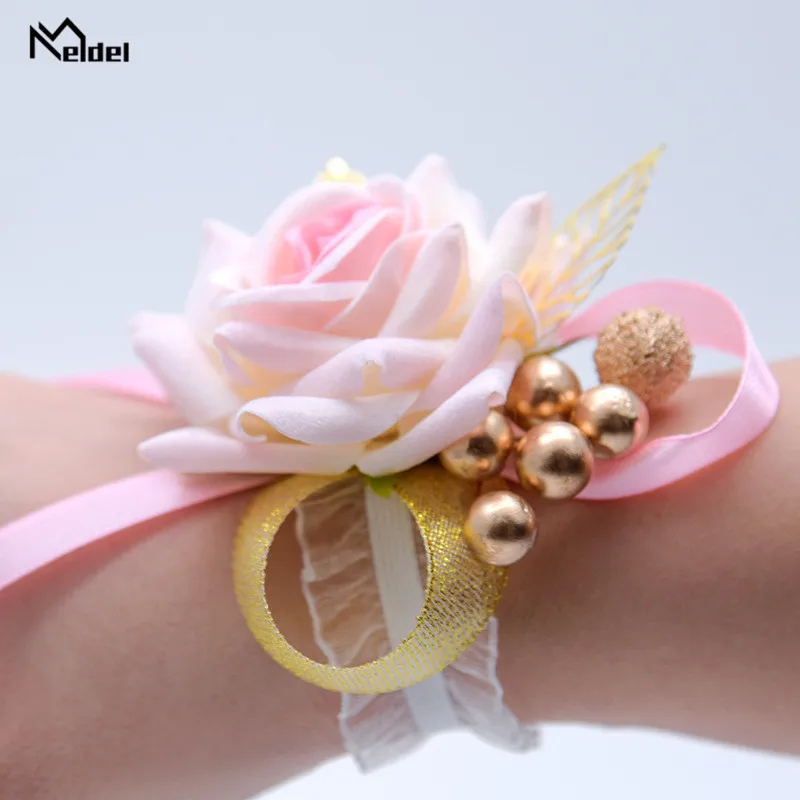 Red Bridesmaids Wrist Corsage Party Fabric Rose Wristband Flower Ribbon Decor Bride Wedding Ornament Bridesmaid Hand Flore |