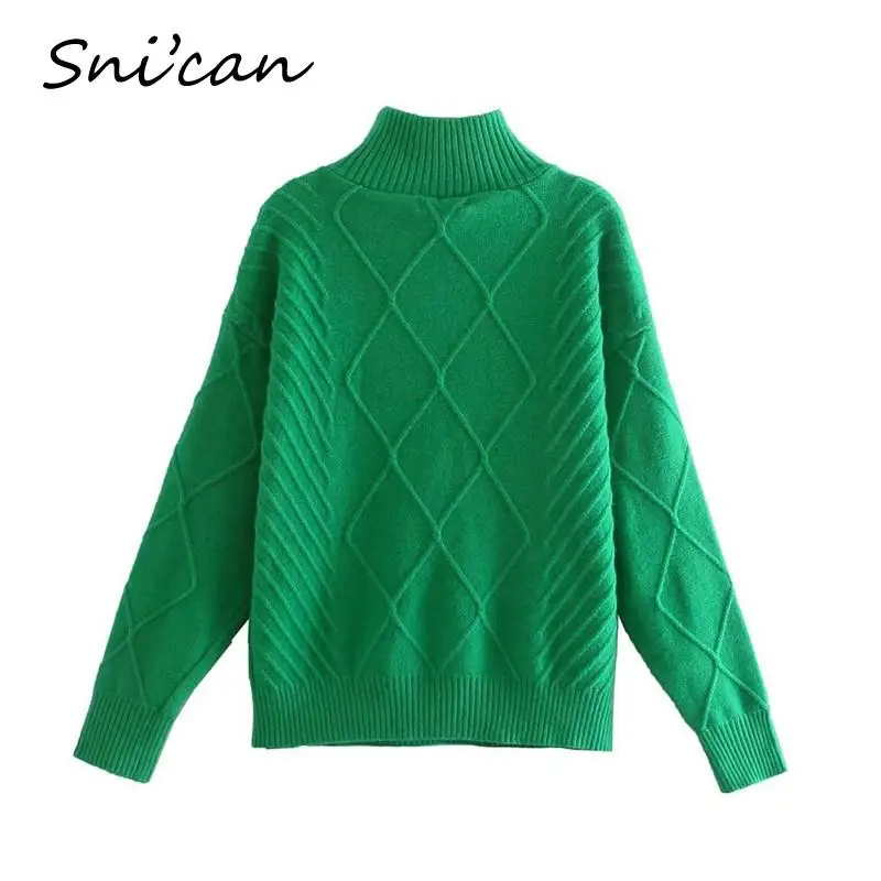 Женский свитер с отложным воротником зеленый пуловер длинным рукавом и узором