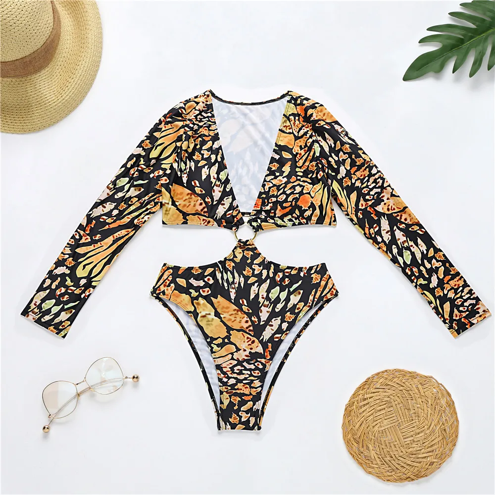 

Long Sleeve Sunscreen Leopard Print Bikini Women's One-piece Swimsuit Sexy Hollow Girl Beachwear 2021