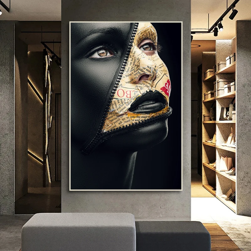 

Black Woman Abstract Art Posters and Prints Zipper On Face Surrealistic Canvas Painting Modern Wall Art Pictures for Home Design