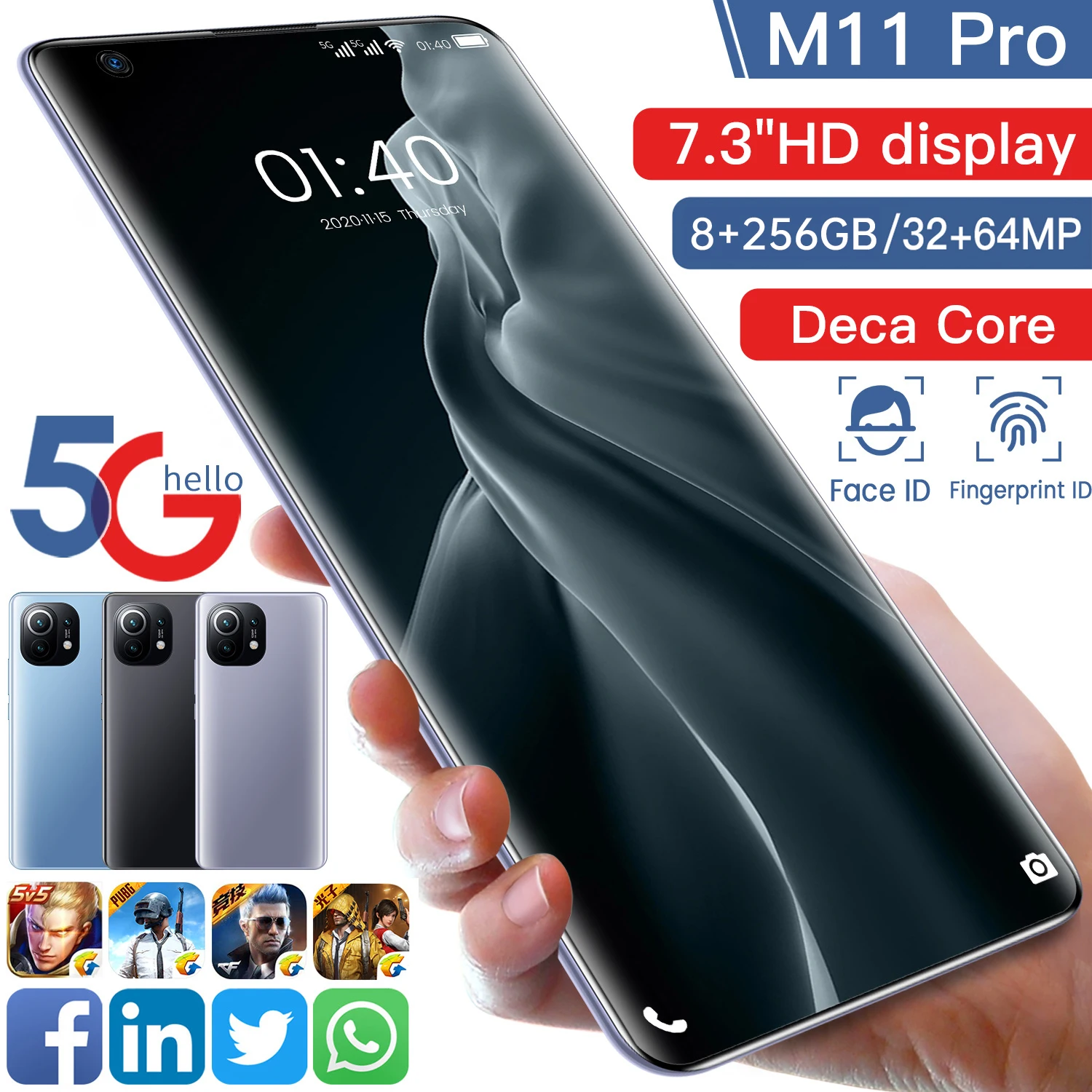 

2021New 7.3inch Left Digging Screen 5G Smartphone With 16GB+512GB Large Memory For Xiaomi M11 Pro Huawei Samsung Mobile Phone