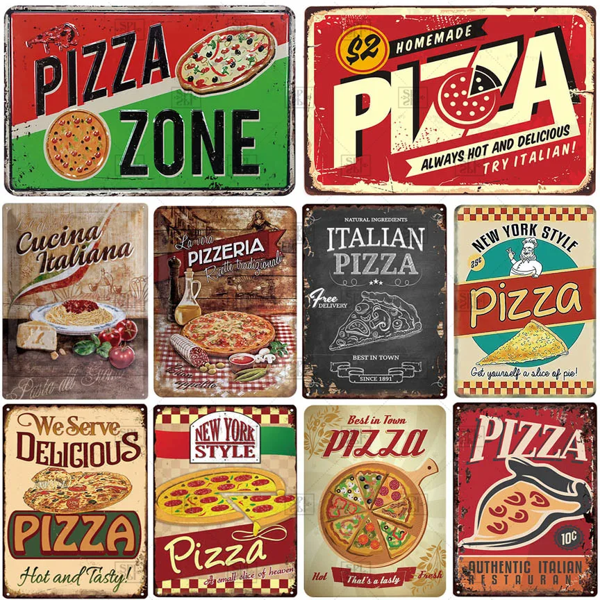 

Pizza Sign Retro Metal Tin Plate Painting Vintage Metal Wall Decoration For Pizzeria Restaurant Dinning Wall Art Poster Plaque