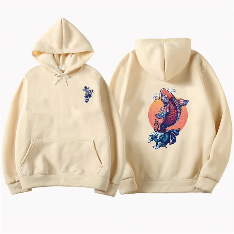 

Japanese Ukiyo-e Tattoo Carp Print Pullover Hoodies Harajuku Casual Hooded Sweatshirts Hip Hop Fashion Streetwear Tops