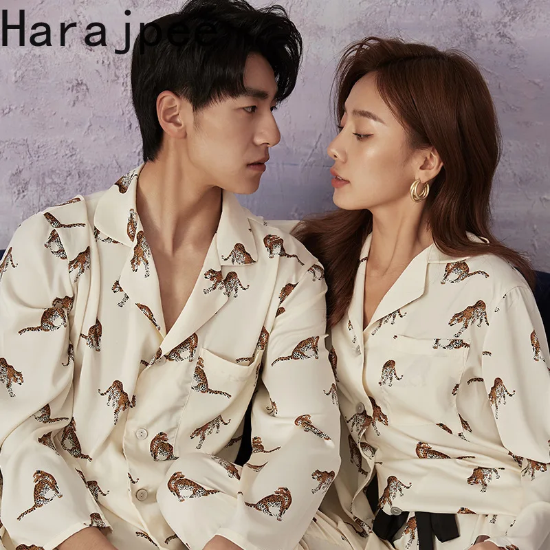 

Harajpee 2 Piece Set Pajamas Men's Spring Lovers Leopard Pattern Home Clothes Sexy Ice Silk Outwear Suit Korean Fashion Leisure