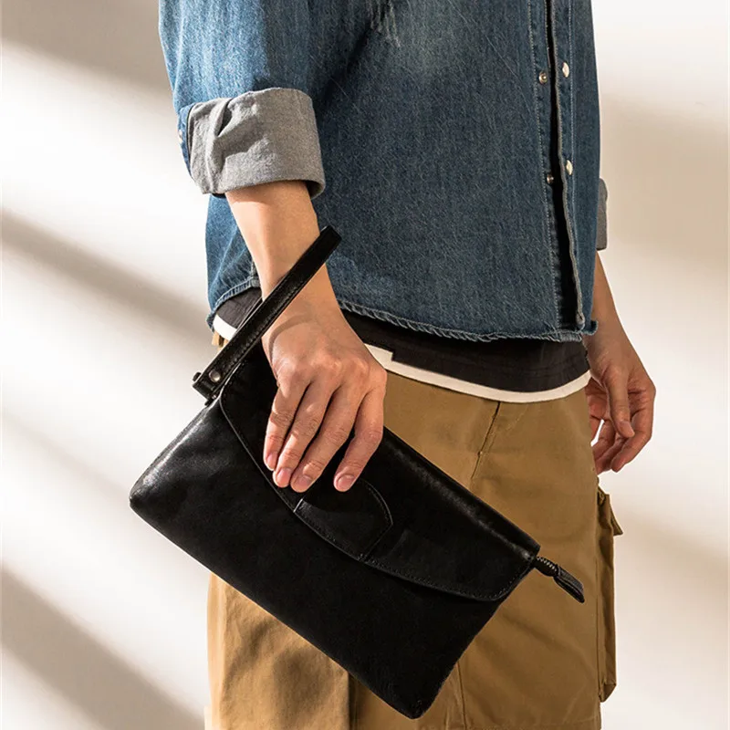 Simple casual luxury designer first layer cowhide men's black large clutch bag daily work real cowhide party key phone bag