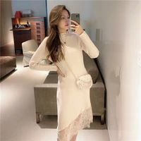 womens half turtleneck lace knitted dresses winter long sleeve elegant midi korean dress casual loose vintage slim maxi vestido