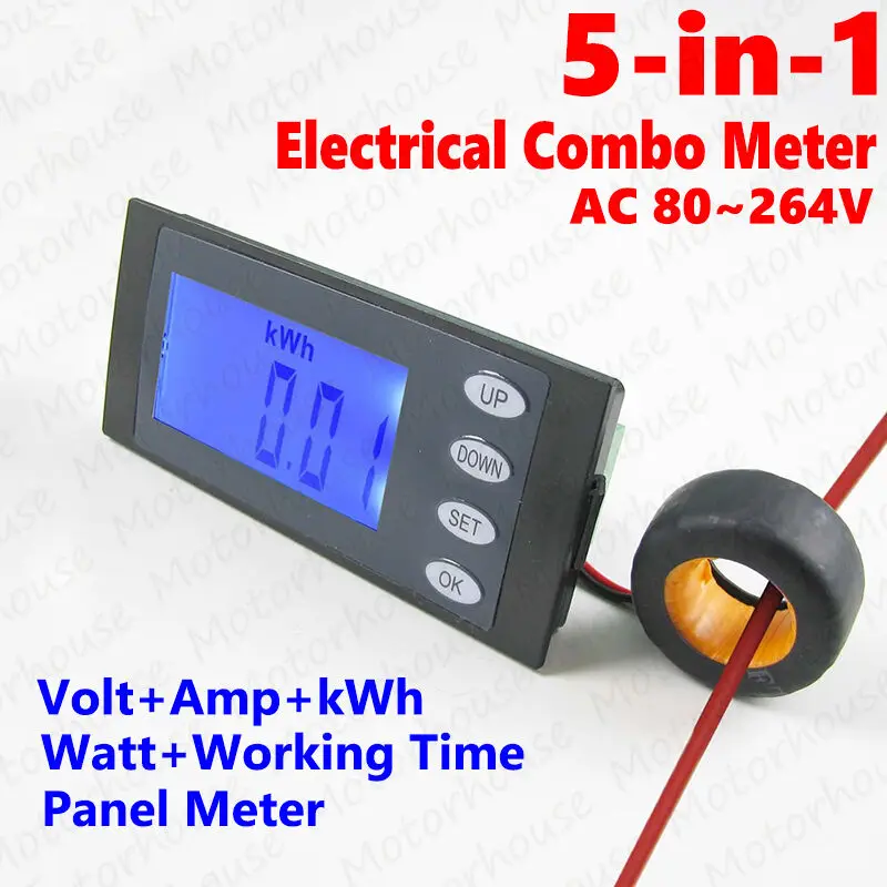 

5 In 1 AC 80V- 264V 100A Digital Electrical Combo Panel Meter Volt+Amp+kWh+Watt+Work Time