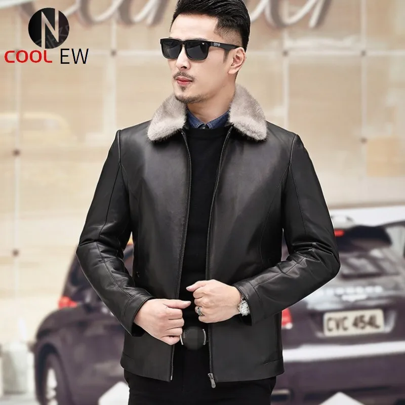 

Business Casual Genuine Leather Mens Down Coat Winter Parkas Thick Warm Cold Jacket Fashion Brand Men Black Sheepskin Overcoat