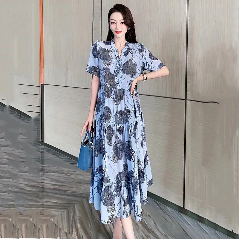 

Silk skirt 2021 summer new large elegant V-neck print Ruffle loose dress