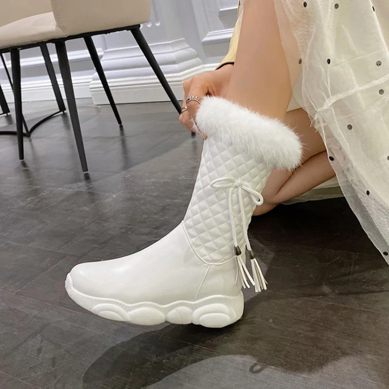 

Combat for Women Leather White Black Small Big Size 29-46 Shoe Winter Plush Women Warm Short Wedge Round Toe Snow Boots 678-122