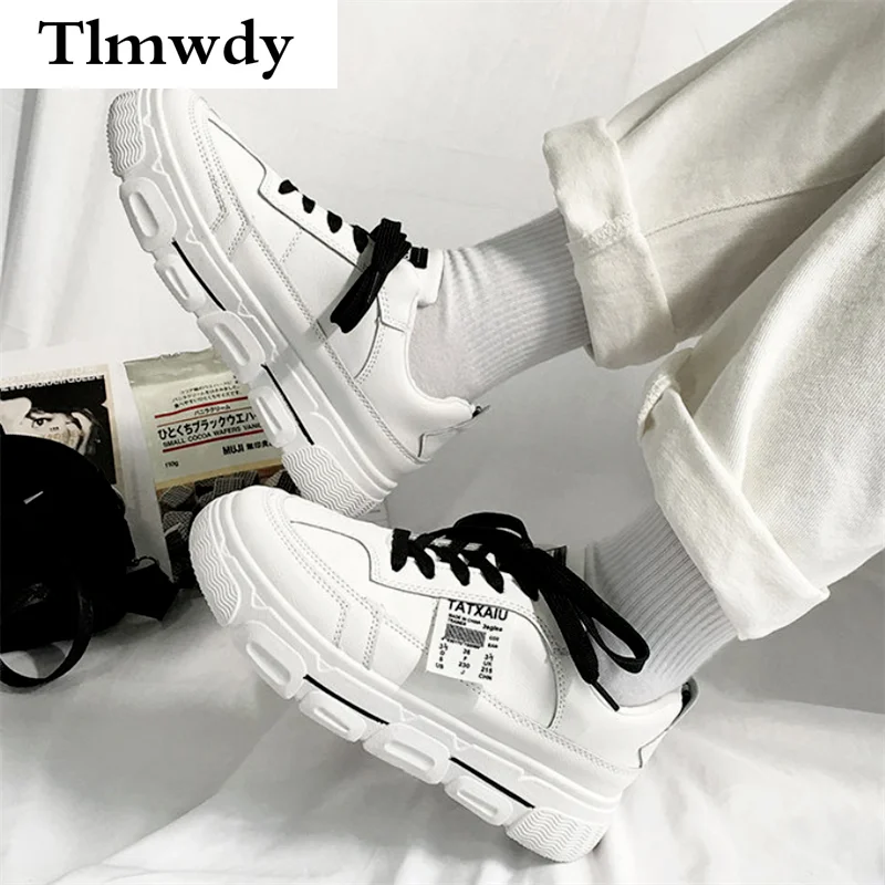 

2021 Spring New Fashion Women's Sneakers Platform Lace-up Women's Vulcanized Shoes PU Leather Casual Solid Color White Shoes