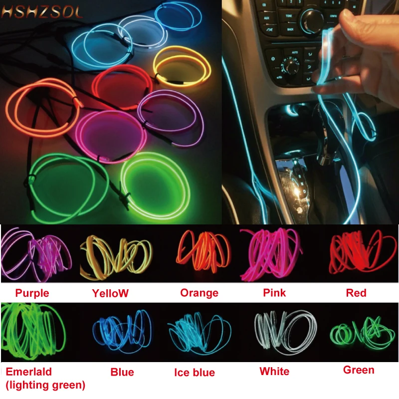 

2m 3m 5m 10 color Sewing Edge Car Flexible Neon Cold Light Glow EL Wire Strip Tape EL Tape Car Decoration With DC12V Car plug