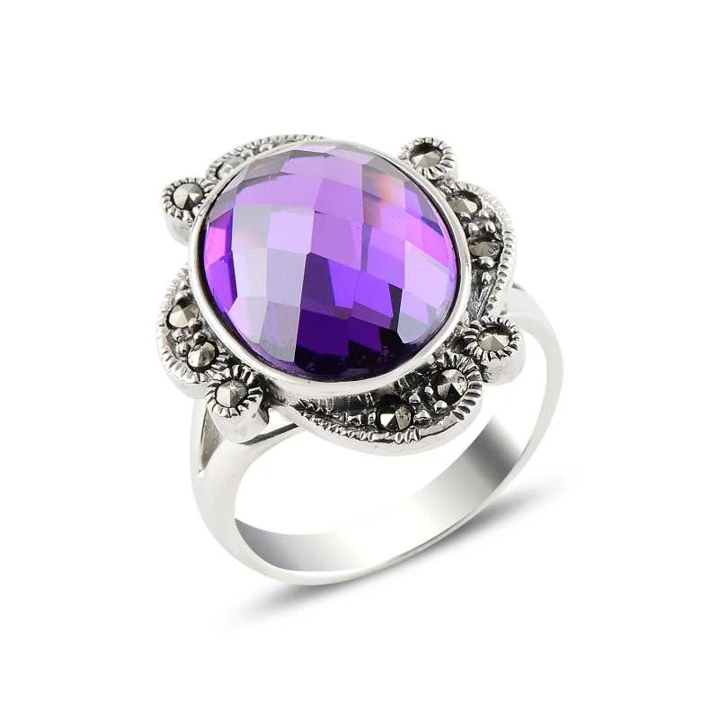 

Silverlina Silver Amethyst Zircon & Marcasite Ring