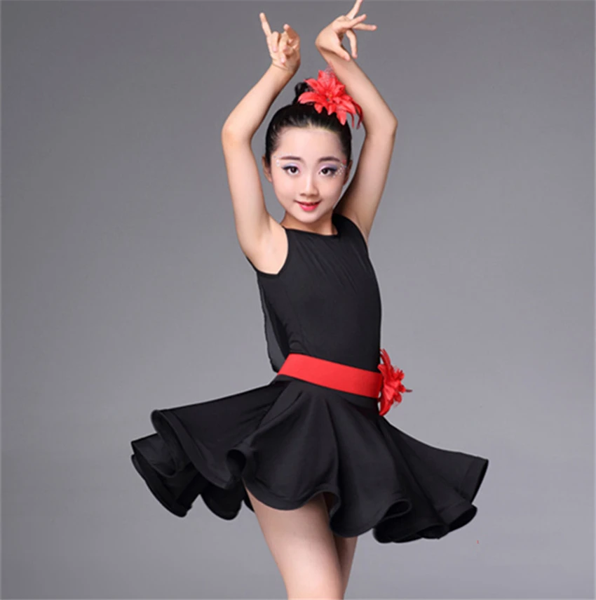 

2021 Latin Dance Dress Short Sleeve Kids Dresses for Girls Ballroom Tango Daning Competition Solid Stage Performance Costumes