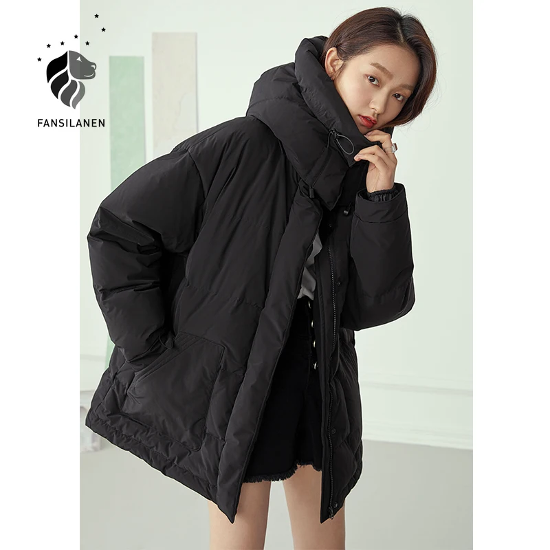 

FANSILANEN Waterproof Short Black Down Jacket Women White Thermal Puffer Winter Coat Female Light Hooded Wram Casual Down Parka