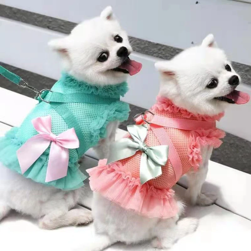 

Breathable Mesh Dog Dresses Cute Harness Leash For Small Dogs Clothes Ropa Perro Chihuahua Pink Green Skirt Bow-knot Puppy Dress