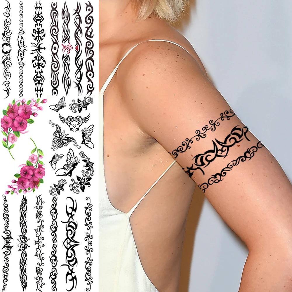 Sexy Arm Totem Temporary Tattoos For Women Adult Indian Tribal Elf Lace Flower Vine Fake Tattoo Sticker Realistic Washable Tatoo
