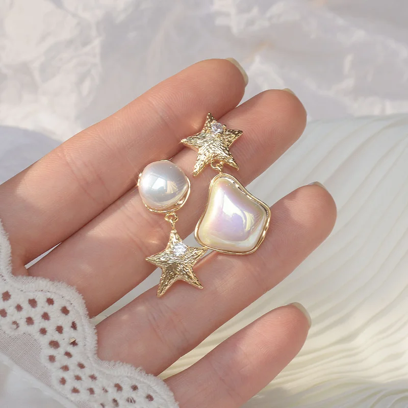 

Ins Лидер продаж 14K настоящим золотом, асимметричный Иллюзия жемчужина пятиконечной звезды темперамент, серьги со шпилькой, для Для женщин
