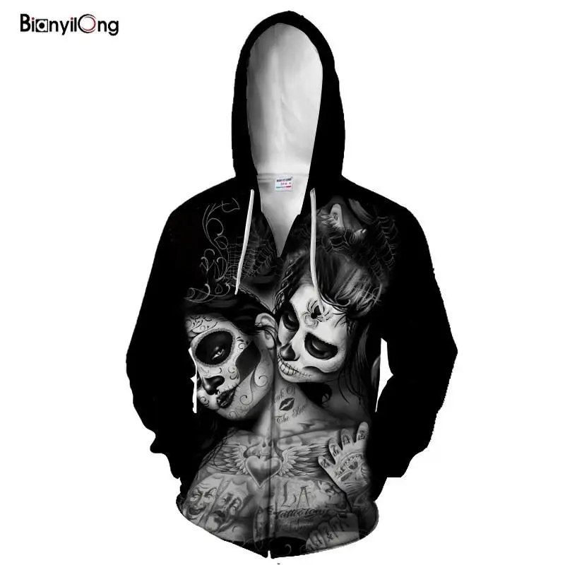 Мужская толстовка на молнии с объемным принтом череп ужаса бархатная капюшоном и