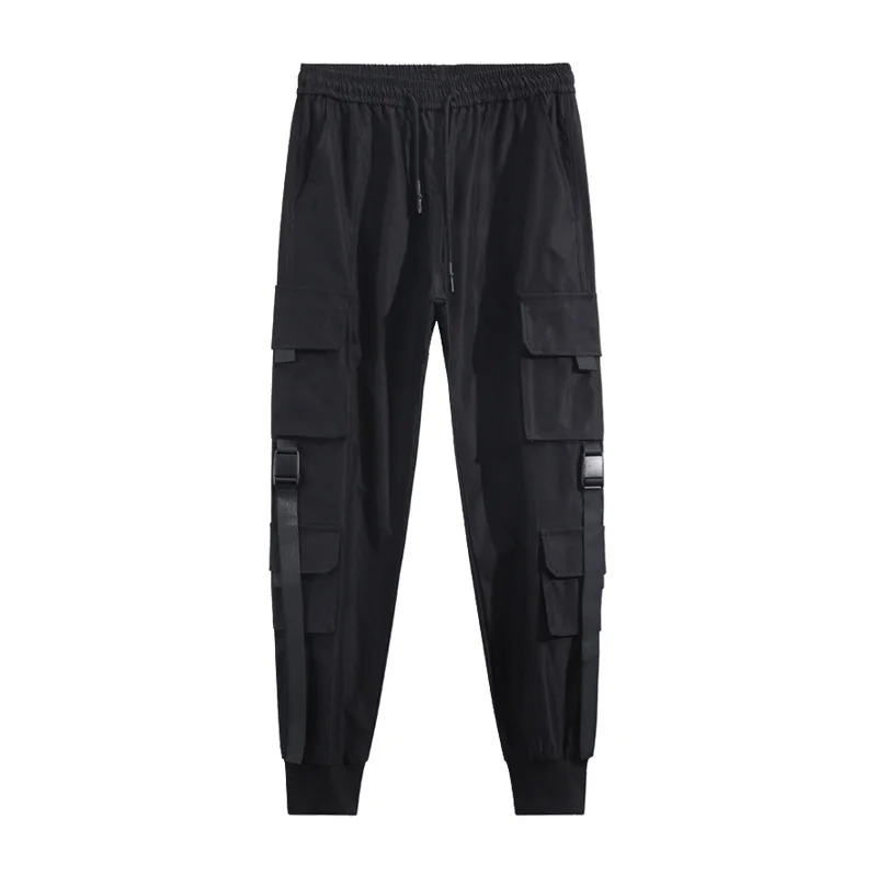 

Casual Spring Autumn Punk Pants Streetwear Black Men Dress Pants Fitness Sports Jogger Men Sweatpants Ribbons Pockets Decoration