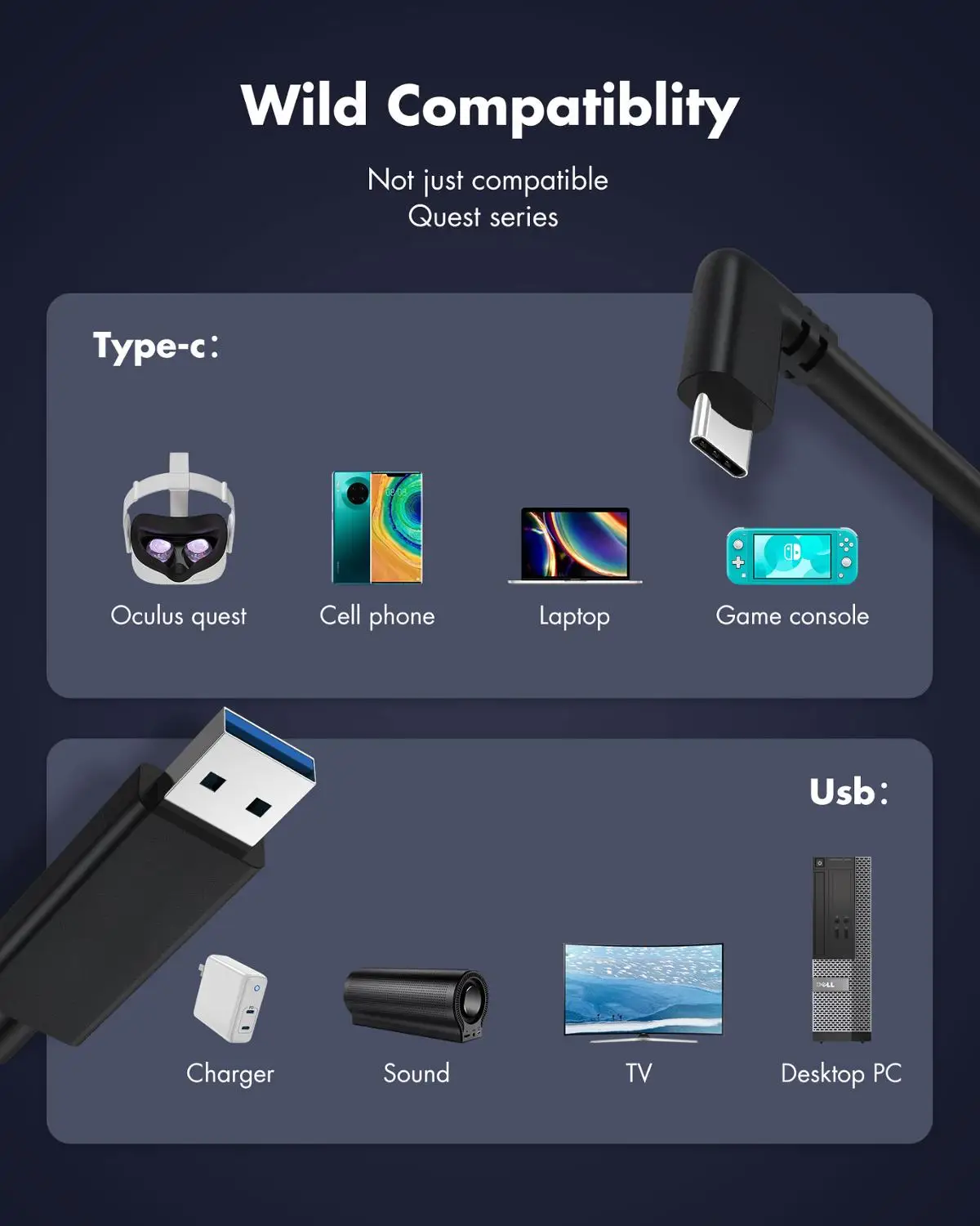 Киви дизайн обновление 16 футов (5 м) USB3.0 для Тип C Quest Соединительный кабель Высокое